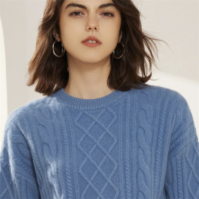 2024秋季新款圆领扭花羊绒衫舒适休闲，女装羊绒衫，戎美山