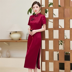 喜婆婆婚宴装2025新款醋酸大码妈妈礼服高贵改良红色旗袍连衣裙夏图片