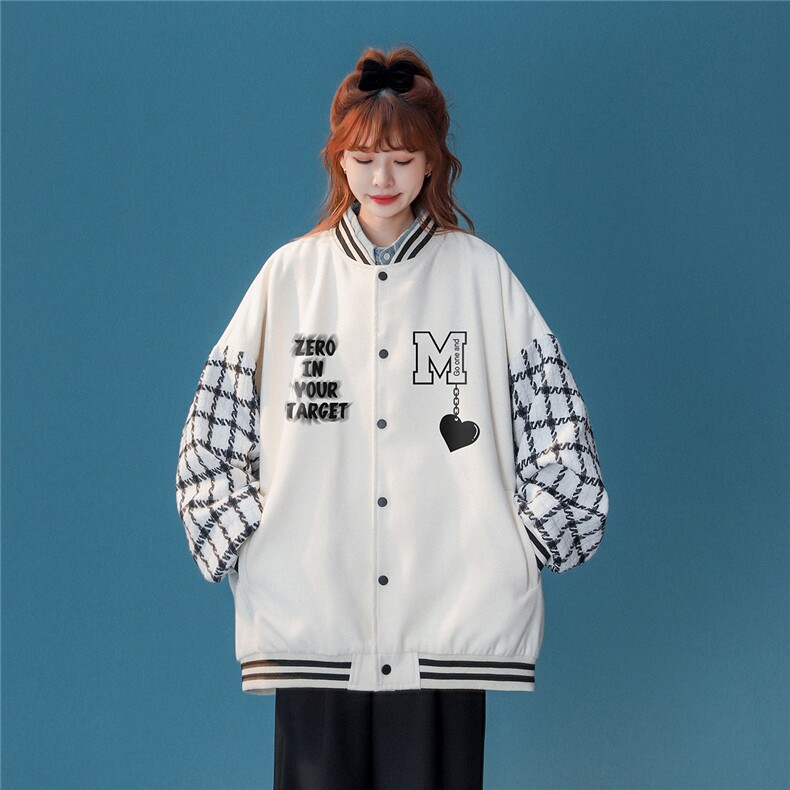 中性风模糊字母锁链爱心棋盘格拼接棒球服G706P85控98,女装职业装,A247A