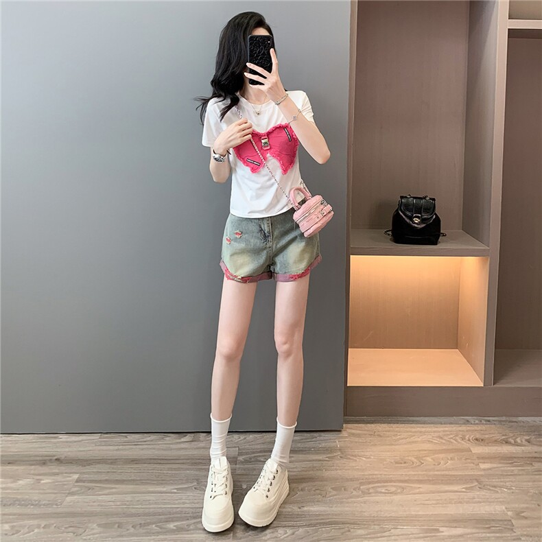 女夏新款韩版时尚休闲套装圆领刺绣蝴蝶结短袖上衣牛仔短裤两件套,女装套装/套裙,江南
