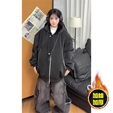 现货高品质美式高街重磅座山雕连帽pu皮棉衣男女加厚毛毛绒冬外套，男装皮衣，电商A486-1