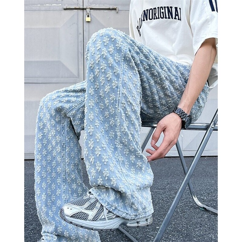 浅蓝色提花牛仔裤男女潮牌痞帅炸街裤子美式高街直筒微喇裤N8211,男装牛仔裤,星座601-2