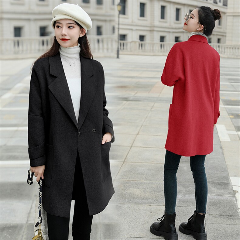 现货秒发2024冬装新款韩版休闲宽松大码双面呢羊毛大衣外套,女装双面呢大衣,星宇服饰