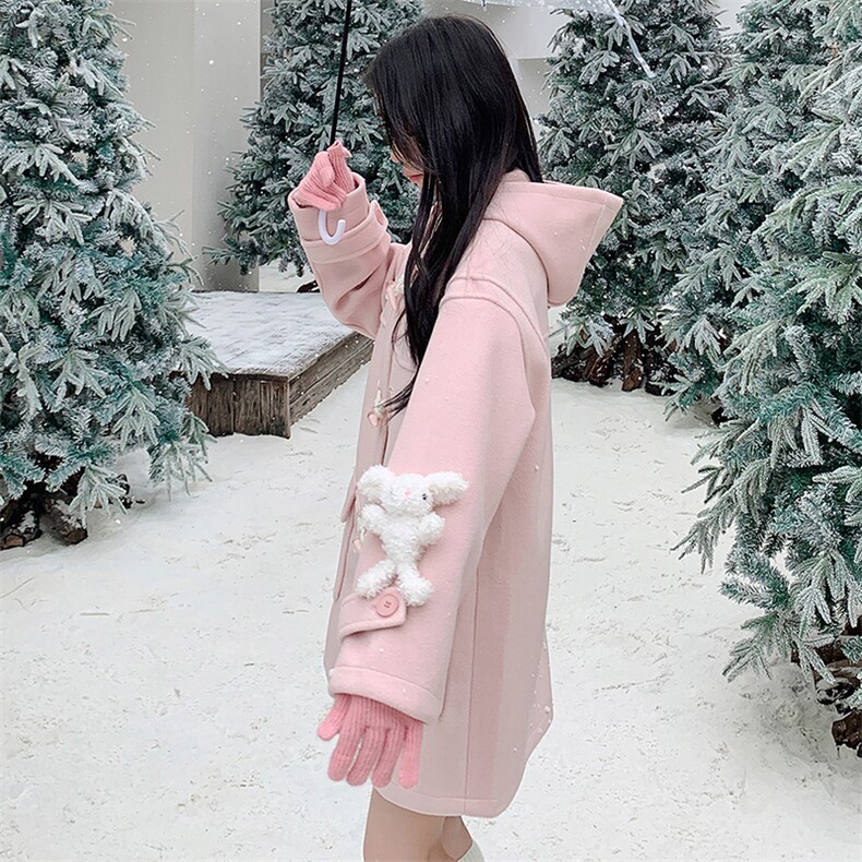 雪景甜美粉色牛角扣毛呢连帽外套（可拆卸玩偶）,女装毛呢外套,天使之佳话