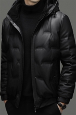 皮羽绒服男冬季新款连帽加厚上衣中年商务休闲爸爸装白鸭绒外套，男装皮衣，电商B212（原钱塘6029）