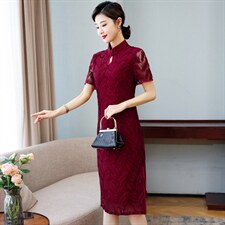 2024春夏季新款设计简约时尚喜庆中长款蕾丝婚礼旗袍连衣裙，女装汉服/婚纱/旗袍/礼服，小荷流