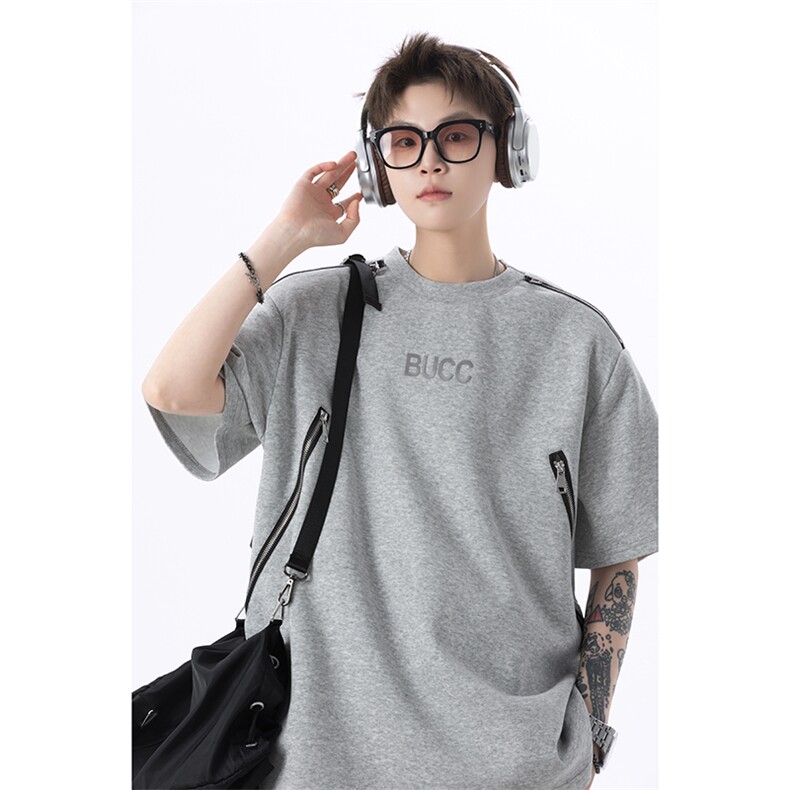 XZ1005-1-TTH0039-P48-夏季重磅垫肩金属拉链设计感短袖T恤，男装T恤，星座1005-1