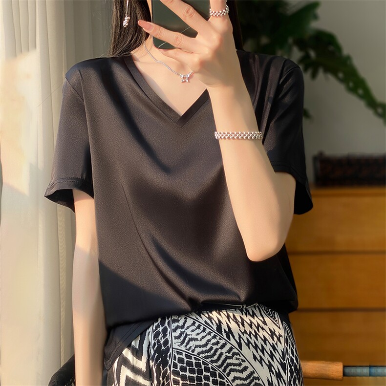 缎面短袖上衣女夏2024新款潮宽松时尚气质纯色衬衫,女装衬衫,绒宛羊绒