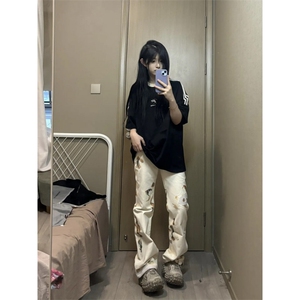 【有货】火焰蕾丝微喇白色牛仔裤男女款美式复古裤子B07WW-特P50,紧身牛仔短裤搭配上衣图片