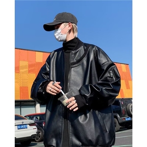 机车皮衣外套男春秋新款美式设计感潮牌宽松痞帅皮夹克W6093-P67图片
