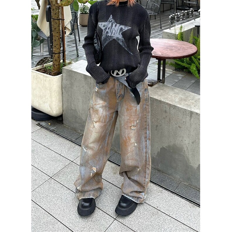 沙丘2沙丘风废土风衣服穿搭做旧破洞牛仔裤子男,男装牛仔裤,星座1007（原301D）