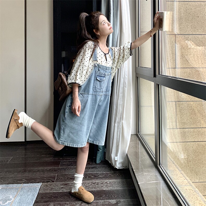 炸街减龄牛仔背带裤套装女2025夏季新款宽松波点上衣小个子两件套,女装套装/套裙,2C239