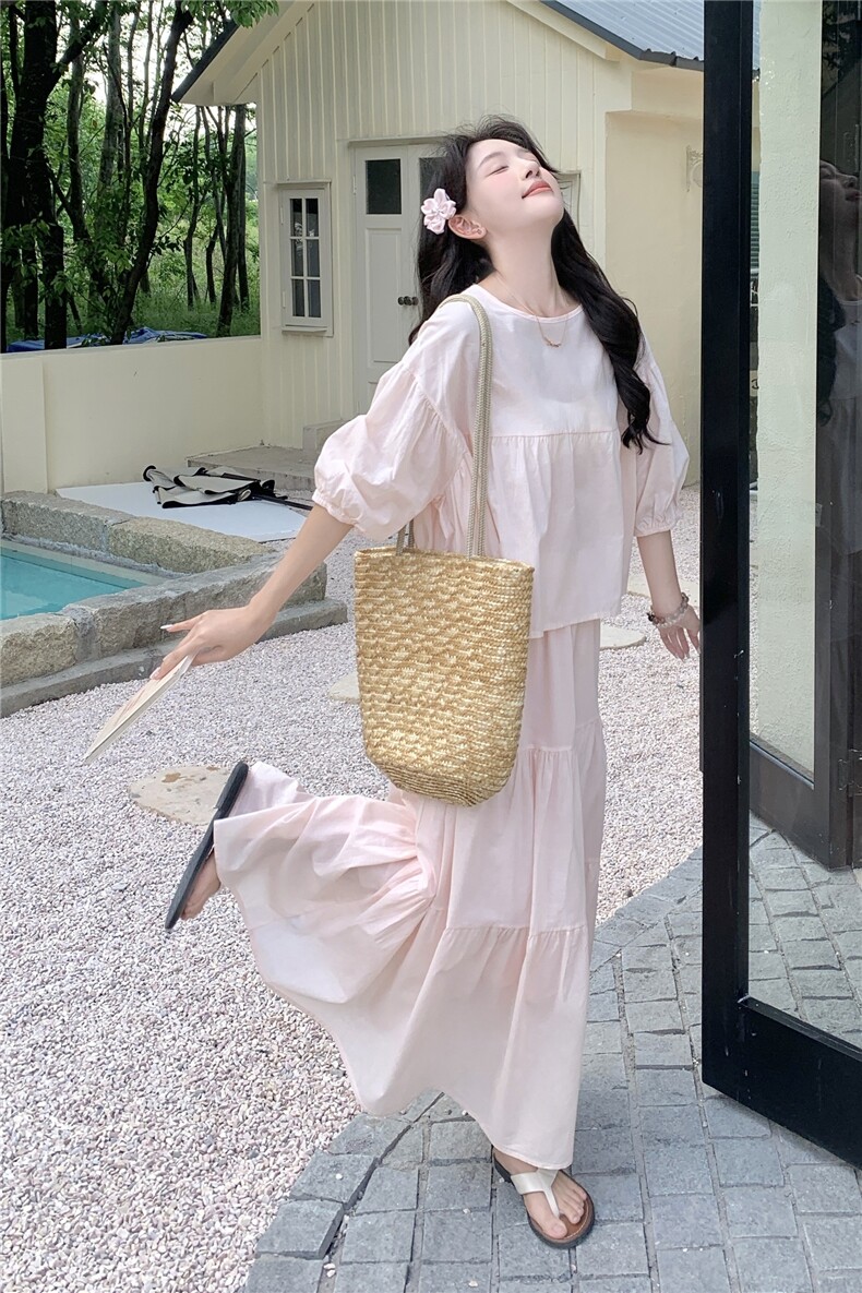 盐甜系穿搭粉色轻薄防晒上衣套装女夏新款学院风减龄半身裙两件套,女装套装/套裙,2C086