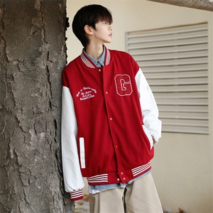 Wt725-P58美式复古刺绣植绒拼接潮牌红色夹克情侣棒球服图片
