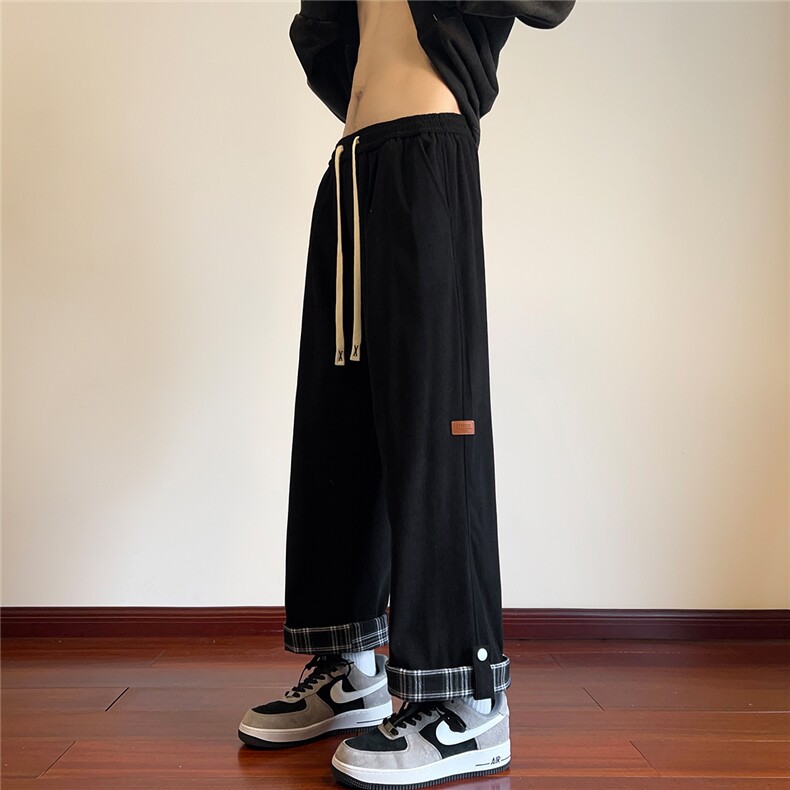 2026春夏装直筒九分裤宽松大码阔腿裤格子翻边K8711/P45黑色,男装休闲裤,电商A094