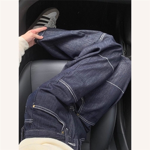 长裤青年运动牛仔布潮多口袋秋季新款大口袋工装高腰阔腿牛仔裤女图片