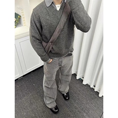 重磅北极绒假两件衬衫领毛衣美式高街复古休闲慵懒纯色翻领针织衫，男装针织衫/毛衣，电商A486-1