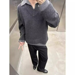 濮院毛衣男针织polo衫日系美式假两件V领文艺套头翻领LF113P65图片