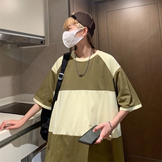 新款条纹拼色休闲短袖T恤欧美潮牌流行新款小领口男士体恤衫，男装T恤，星座1013