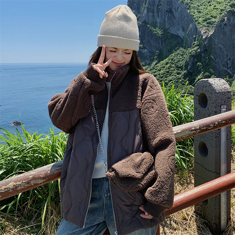 时尚咖色羊羔毛拼接保暖羽绒服女2025冬季新款显瘦加厚白鸭绒外套,女装羽绒服,慧尚2-185