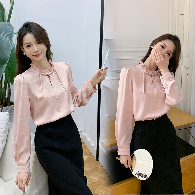 红利秀雅705国风盘扣衬衫女刺绣上衣2024春夏新木耳边长袖衬衣715，女装衬衫，曼琳思菲