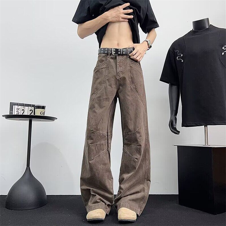 美式街头设计感工装弯刀裤男装直筒vintage阔腿微喇裤子K6441-P53,男装工装外套,星座412-3