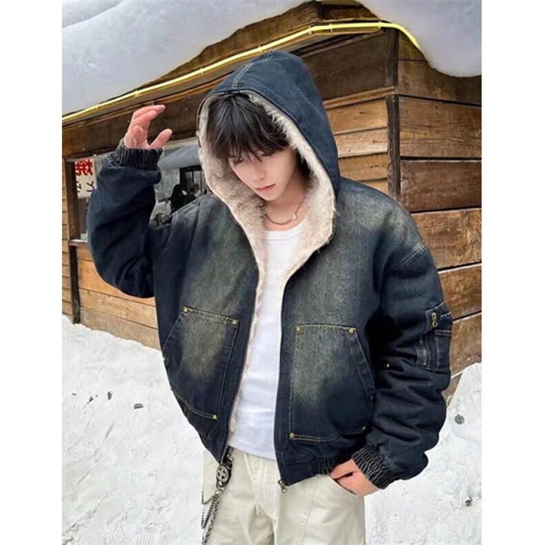 连帽牛仔棉服男女水洗座山雕毛领复古加绒加厚夹克外套JJ63,男装夹克,星座1116A（原606A-3）