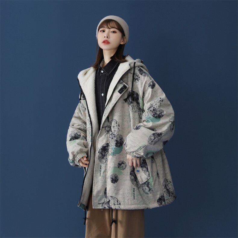 2025冬装涂鸦印花男士羊羔毛棉衣连帽宽松棉服棉袄M505-P120控158,男装棉衣,电商A006
