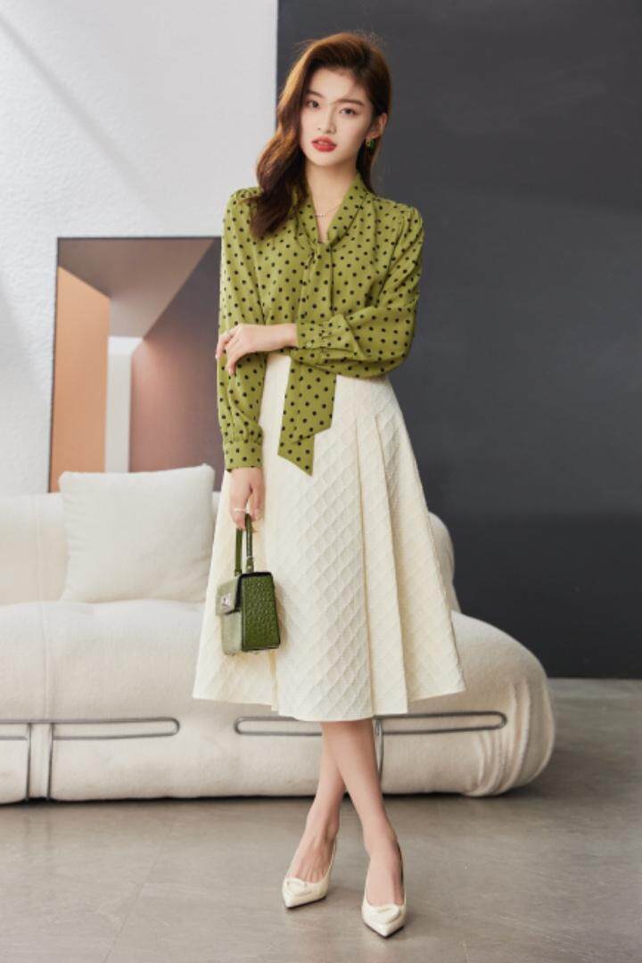 现货波点飘带衬衫M—XXL，女装衬衫，束索