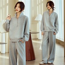 灰色卫衣套装女春高级感超好看立领纯色上衣直通宽松休闲裤两件套，女装卫衣/绒衫，梦懿尔
