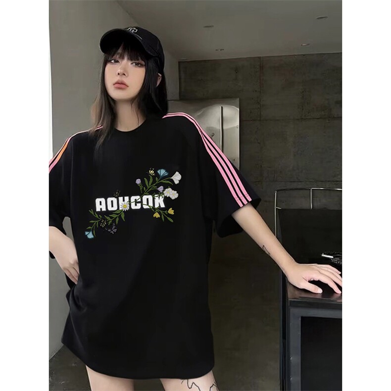 抖音得物品质二开240克宽松纯棉美式潮牌印花三条杠中性风短袖T恤,男装T恤,电商A486