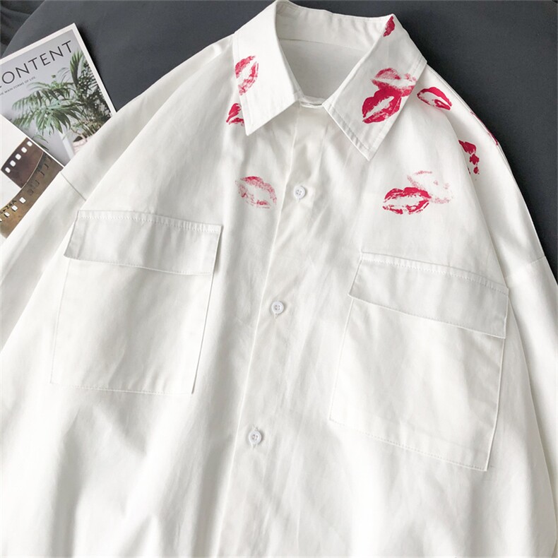春季口红印花纯棉长袖衬衫潮流衬衣男休闲衬衫外套CS20P45,男装衬衫,电商C323