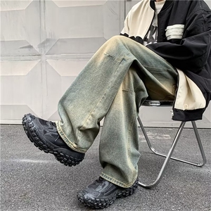水洗做旧牛仔裤男秋季美式复古宽松阔腿直筒拖地长裤 TG23 P40图片