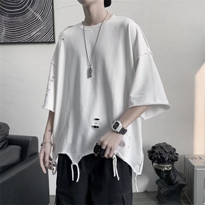 ins破洞短袖夏季2023新款百搭男女款T恤宽松半袖上衣 T797-P23图片