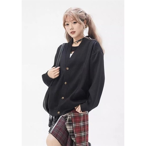 抖音得物高品质 秋冬美式高街重磅单排扣结构卫衣V领开衫外套W110图片
