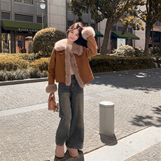 复古时髦毛毛拼接外套女2025冬新款短款加厚保暖美拉德高级感上衣，女装棉衣/棉服，2C029