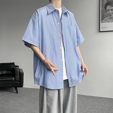 8XL-M条纹短袖衬衫男夏季宽松慵懒风痞帅大码衬衣外套DC28001P40，男装衬衫，电商B312