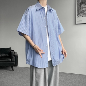 8XL-M 条纹短袖衬衫男夏季宽松慵懒风痞帅大码衬衣外套DC28001P40图片
