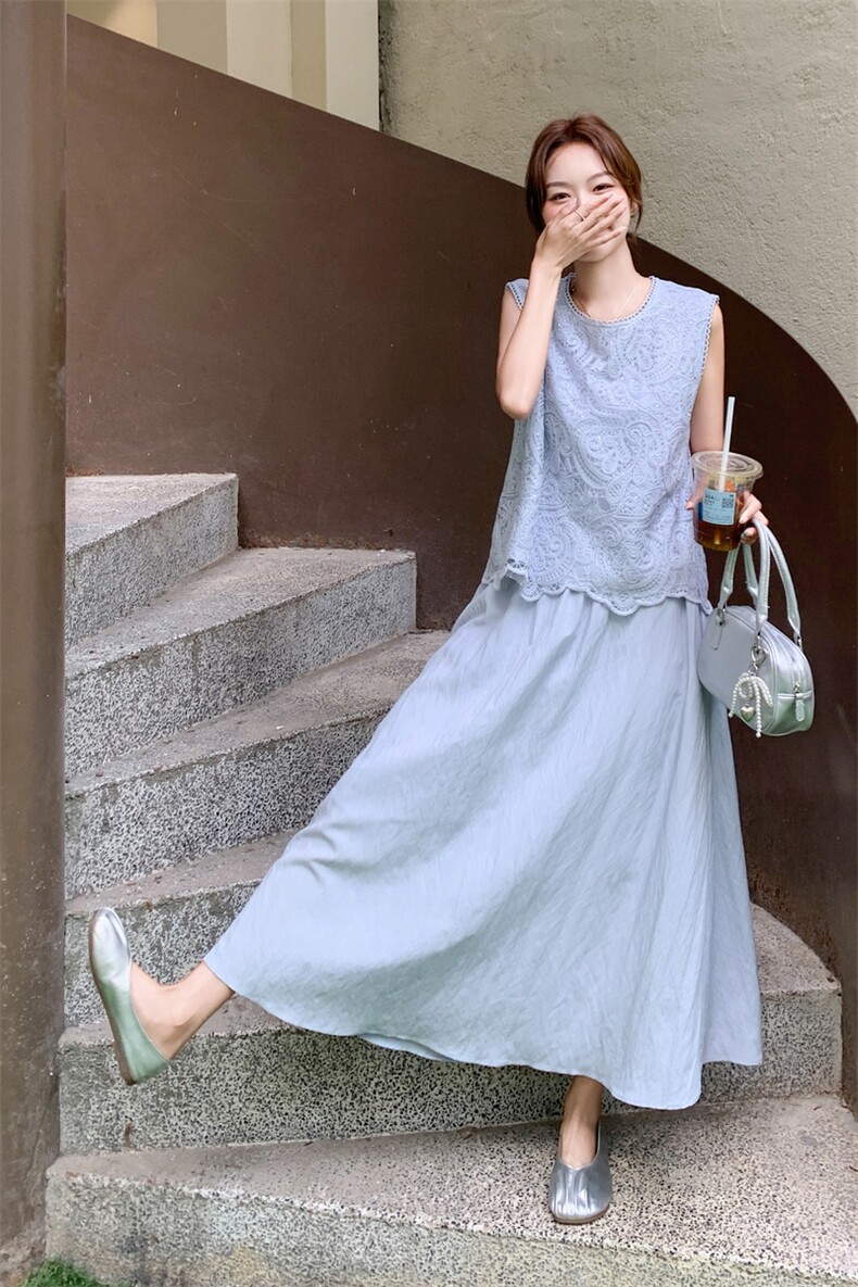 法式灰蓝色蕾丝背心半身裙套装女夏2025新款两件套夏日漂亮巨好看,女装套装/套裙,2C236