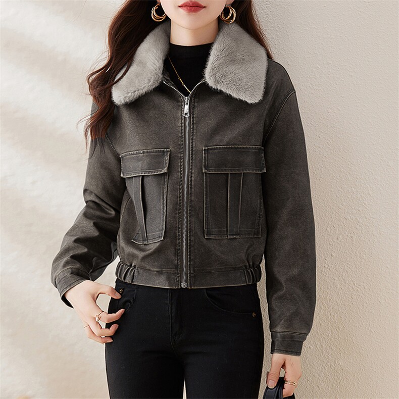 复古加绒皮衣外套女小个子短款2023冬装新款配毛领修身机车服夹克,女装皮衣,江南女神
