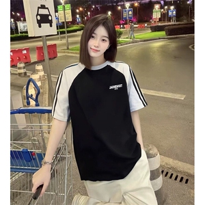 抖音得物品质二开240克宽松纯棉美式潮牌插肩三杠织带短袖T恤图片