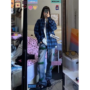 港风复古藏蓝色格子长袖衬衫男女潮牌设计感宽松慵懒风休闲薄外套图片