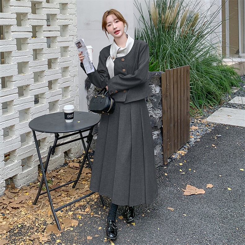 小众设计感韩系chic撞色飘带领外套女春季时尚高端气质长裙,女装套装/套裙,2C255