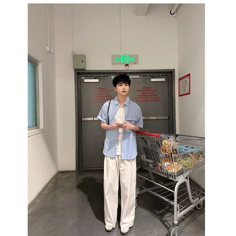 网图现货美式宽松翻领蓝色短袖百搭衬衫男CS5256/P35,男装T恤,星座205-3