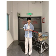 网图现货美式宽松翻领蓝色短袖百搭衬衫男CS5256/P35，男装T恤，星座205-3