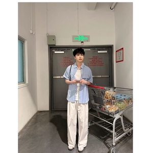 网图现货 美式宽松翻领蓝色短袖百搭衬衫男CS5256/P35图片