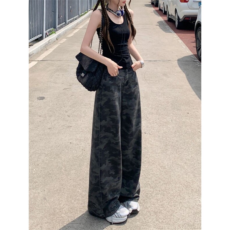 1506/Q88090/P43美式迷彩牛仔裤男女高腰宽松显瘦工装拖地阔腿裤图片