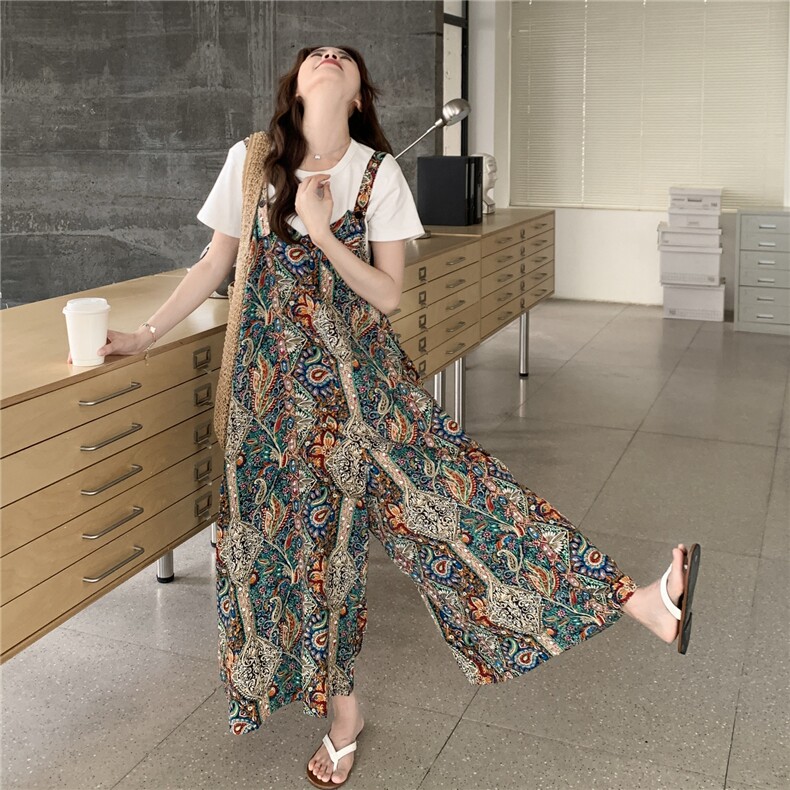 碎花背带裤女夏季2025超火减龄慵懒松弛感时尚休闲宽松显瘦阔腿裤,女装连体裤,2C105