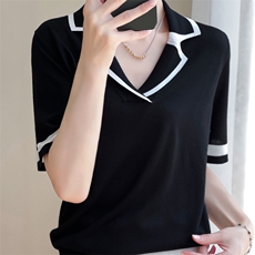 大牌同款~夏新款精纺羊毛翻领撞色针织短袖T恤女薄款气质百搭上衣，女装针织衫/毛衣，雪真羊绒