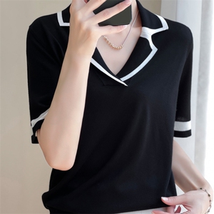 大牌同款~夏新款精纺羊毛翻领撞色针织短袖T恤女薄款气质百搭上衣图片